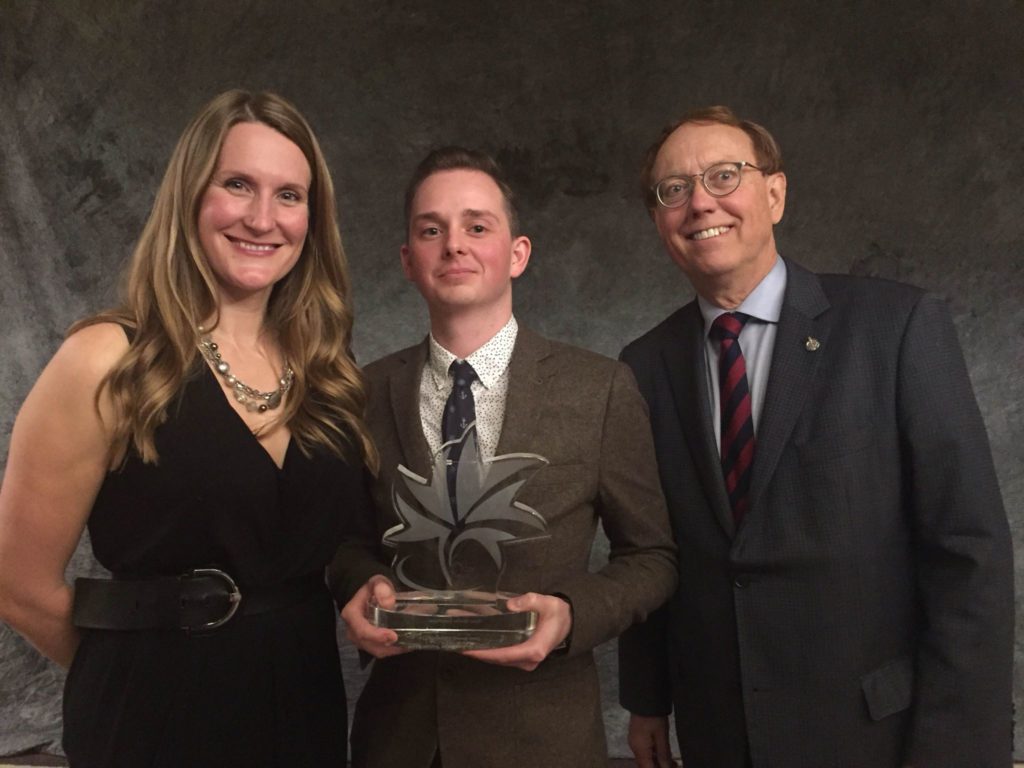 Outer Shores Expeditions are the Transat At SustainableTourism Award during the TIAC Awards in Ottawa for the Tourism Industry Association of Canada. Left to right: Angela Nagy, CEO of Green Tourism Canada, Zach Vanasse representing Outer Shores, and Murray Rankin, Victoria MP. Photo Credit: TIAC