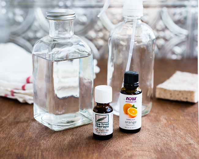 They only use eco-friendly cleaning supplies, either purchased or homeade, such as the vinegar + tea tree oil sanitizer (Photo credit: Hello Glow)