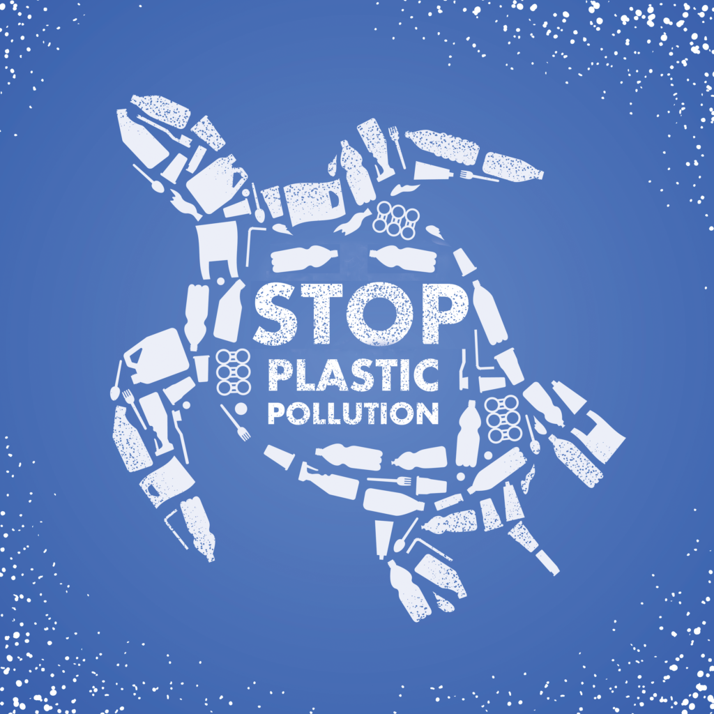 composite image of a sea turtle on the blue ocean surface composed of white plastic pollution pieces that says "stop plastic pollution" inside.